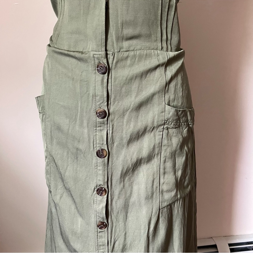 Reiss Emma Plunge Linen Blend Olive Green Button Up Midi Dress size 10 - Picture 13 of 14